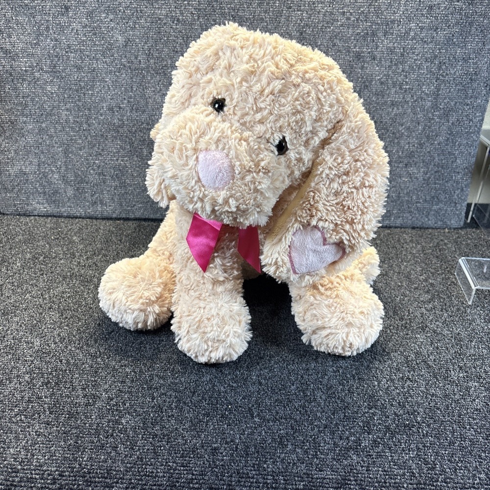 Holiday Time~Sitting Beige Plush Stuffed Puppy Dog~Pink Bow & Heart~17"